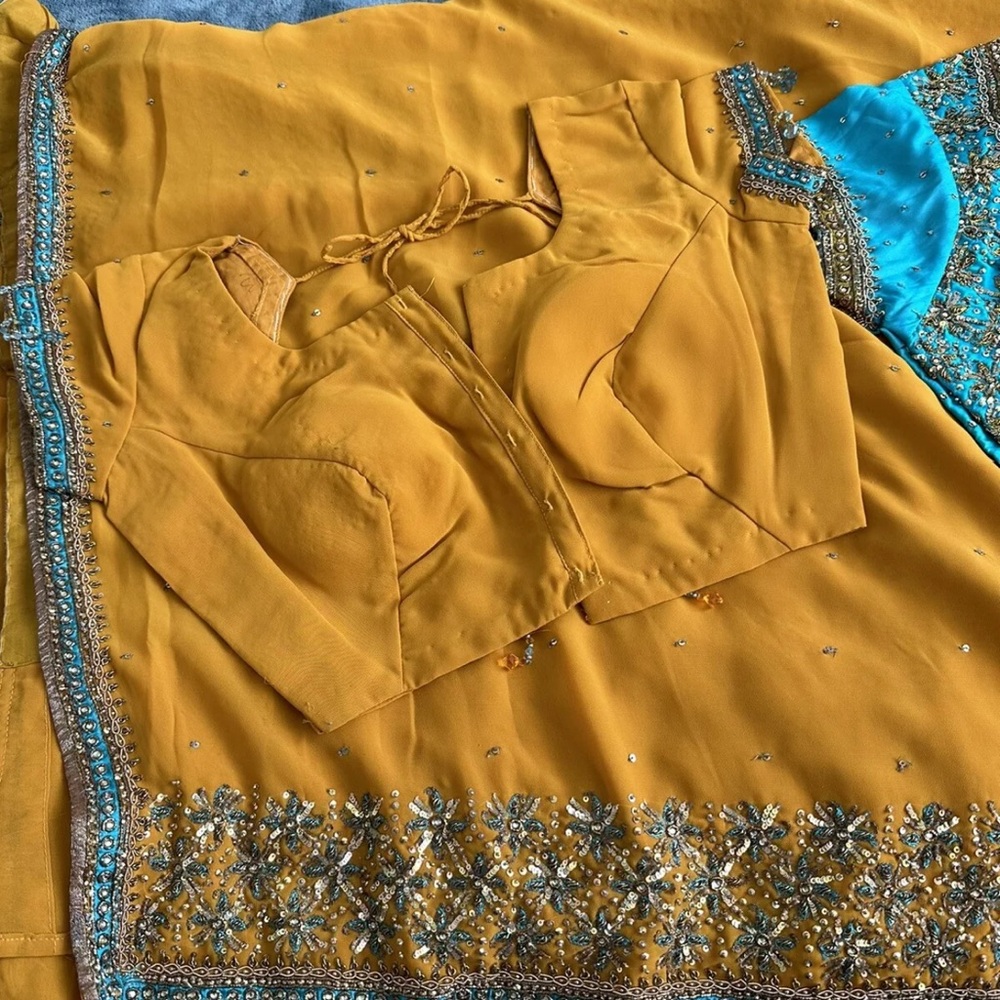 Mustard yellow and blue saree